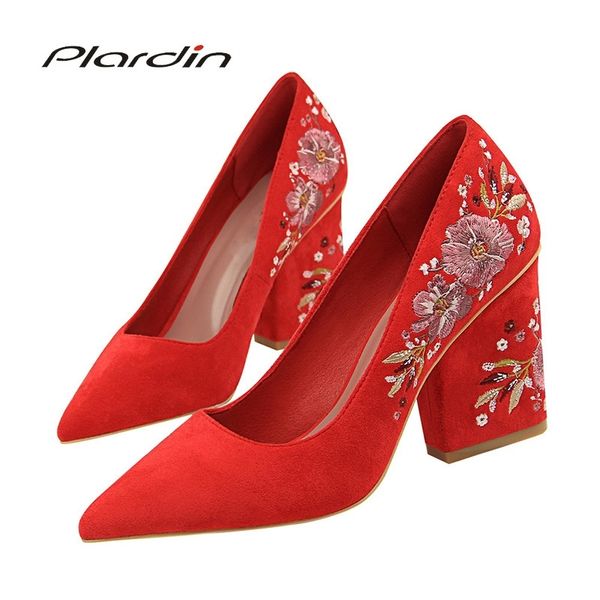 

plardin new women embroider flower shoes woman pointed toe square toe retro elegant woman pumps lace women shoes high heel y200111, Black