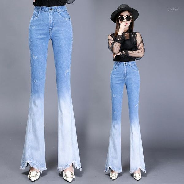 

woman jeans skinny high waist flare pants korean style gradient color tassel elastic split office lady slim female long pants1, Blue
