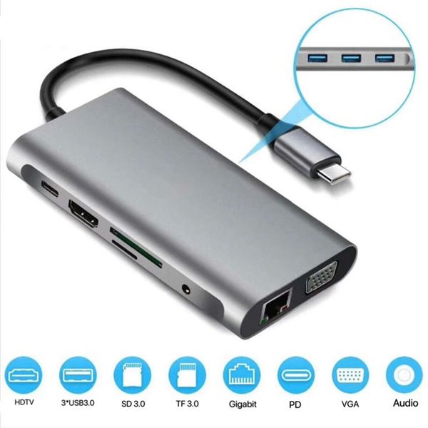 

multifunctional 10 in 1 usb-c hub 3xusb 3.0 hdtv vga audio sd tf reader rj45 ethernet pd charging for macbook tablet