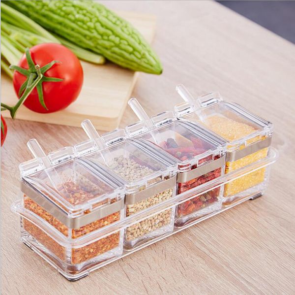 

seasoning rack spice pots-4 piece acrylic seasoning box,stainless steel ring-storage container condiment can jars-cruet with cover and spoon