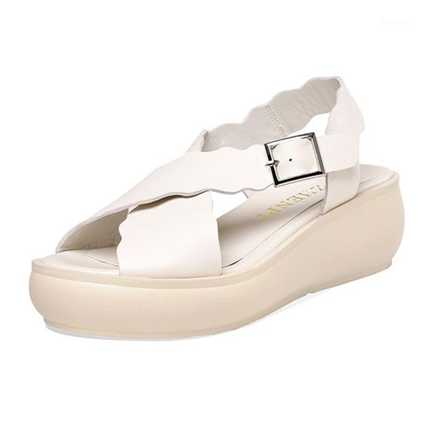 

sandals genuine leather wedges heels platform women elegant buckle thick shoes summer party office lady woman1, Black