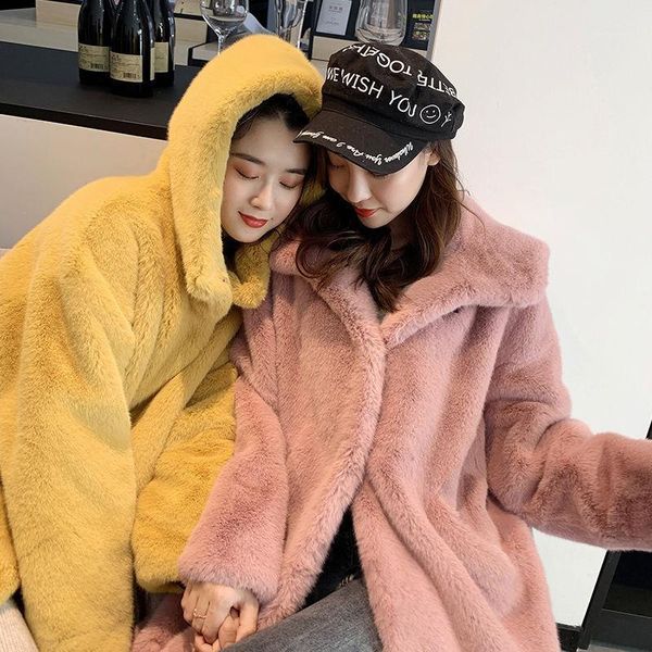 

2021 new winter women solid faux fur coats plus size loose long thick coat female hooded fashionable long sleeve warm jacket b471, Black