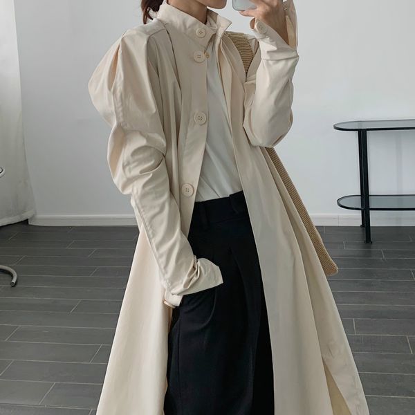 

new 2021 spring coat loose turn down collar single breasted women long cotton trench femme abrigo streetwear 074t, Tan;black