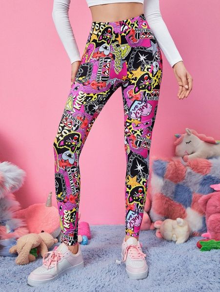 

letter & eye print leggings g4dq#, Black