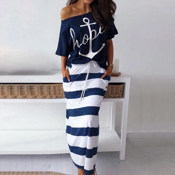 

summer boat anchor print stripe dress short sleeve off shoulder beach skirts and casual loose 2 piec o neck women, Gray