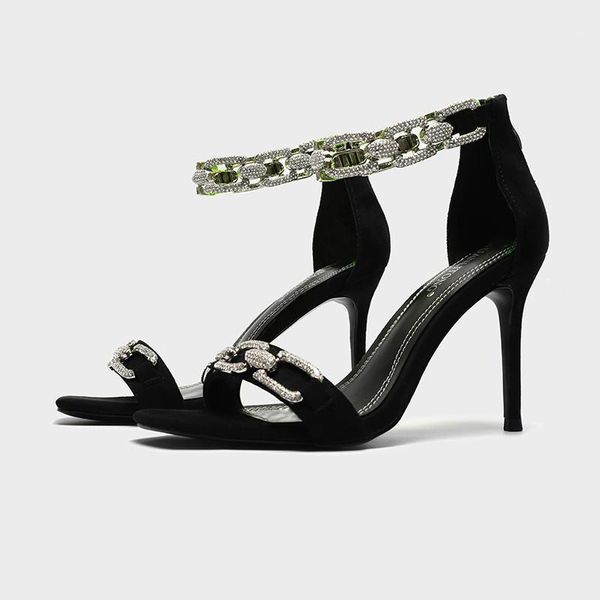 

sandals 2021 star style rhinestones chains women fashion thin high heels zip gladiator elegant summer party prom shoes1, Black