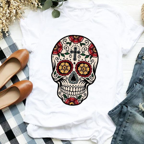 

women lady flower face clothing printing skull fall halloween print tshirt female t tee womens shirt clothes graphic t-shirt, White