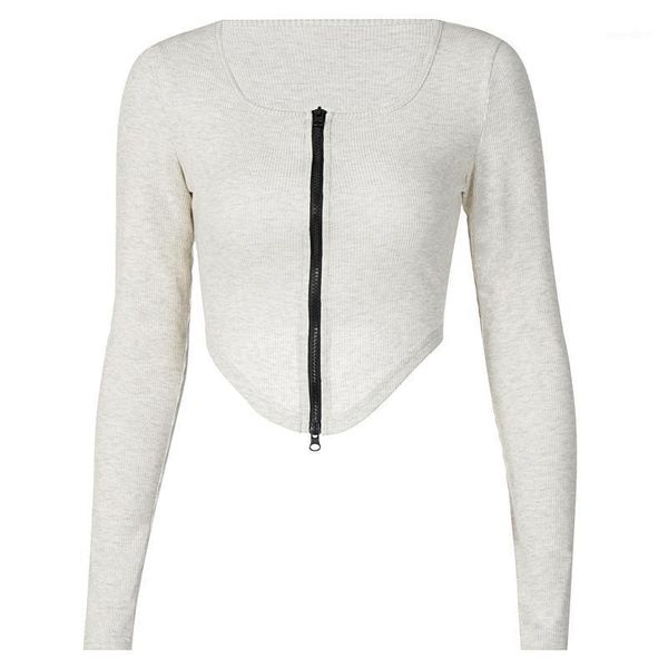 

black zip up t-shirt ribbed knitted long sleeve stretch irregular casual womens autumn spring clothing 2020 streetwear1, White