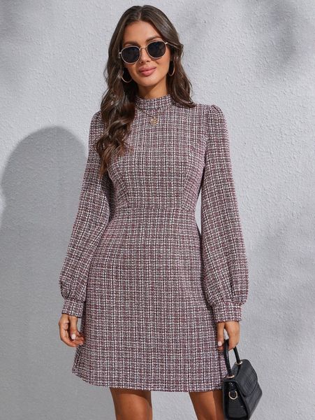 

lantern sleeve plaid tweed dress l4q2#, Black;gray