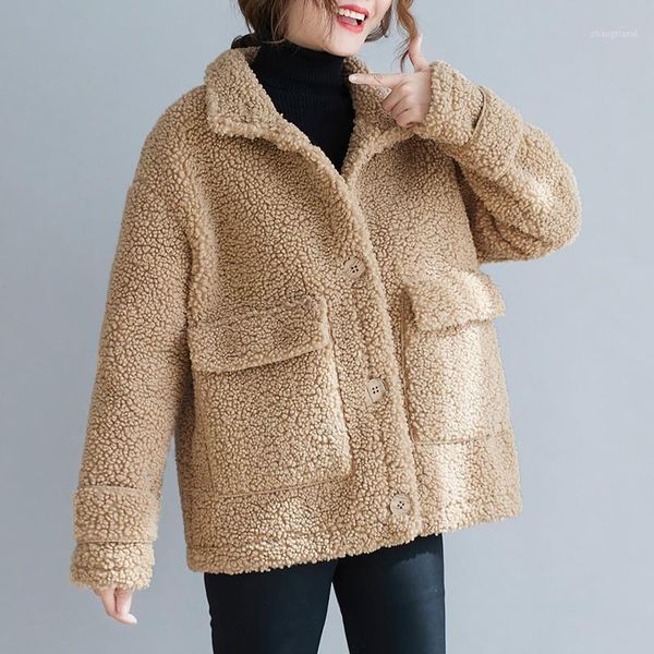 

autumn winter faux fur coat women 2021 new casual warm soft single button jacket plush overcoat pocket plus size female outwear1, Black