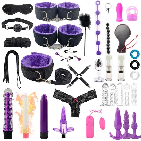 35 pcs / set Adultos produtos eróticos BDSM Bondage Set Algemas Plug Anal Dildo vibrador chicote Sex Toys para Casais Y200422