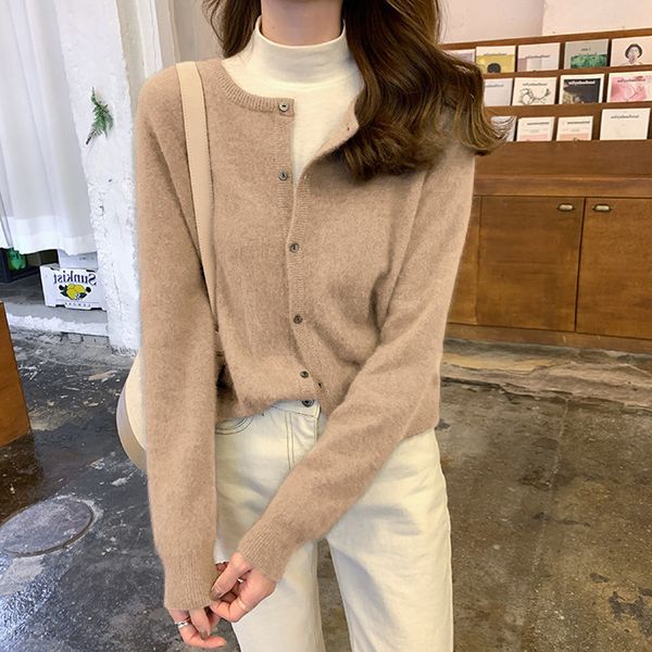 

women's autumn o-neck solid color short knitted cardigan loose sweater coat, Gray