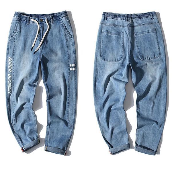 

men's jeans el barco denim cotton harem men black blue soft casual male pants summer hip hop letter streetwear slim pencil trousers