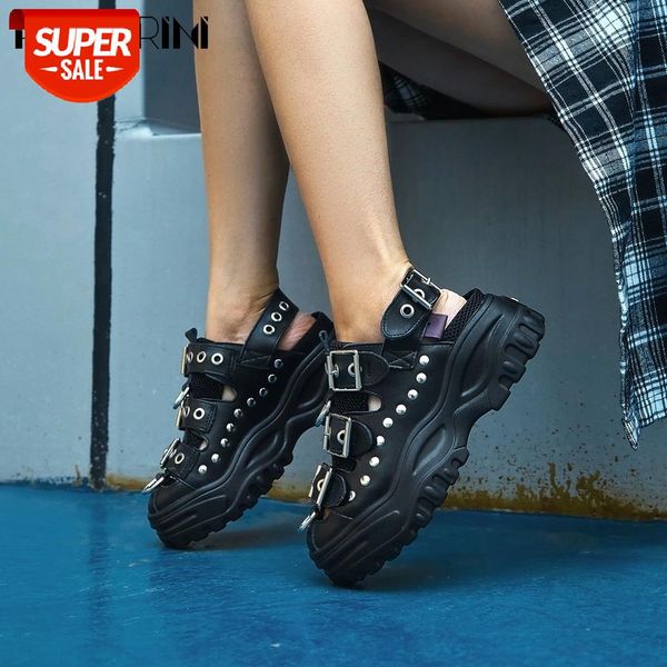

ribetrini new girl fashion brand platform shoes punk split leather women sandals summer casual med wedges sandals #wb14, Black