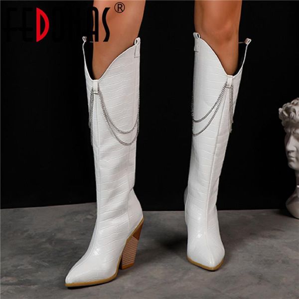 

fedonas 2020 autumn winter shoes woman fashio metal decoration knee high boots for girls back zipper high heels boots, Black