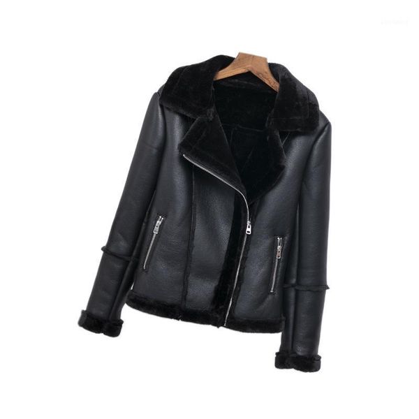 

black short pu leather jacket winter women warm faux leather jacket motorcycle long sleeve faux fur collar thick fluffy coat xl1