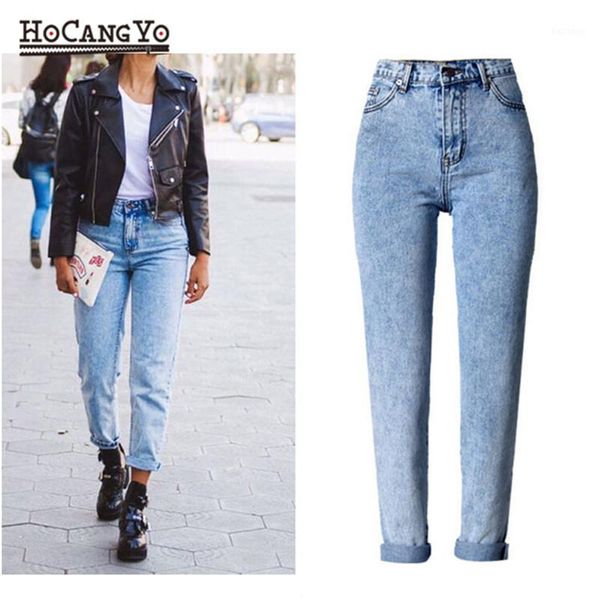 

hcyo high waist jeans women bf street snowflake loose straight jeans trousers boyfriend for women cotton denim pants1, Blue