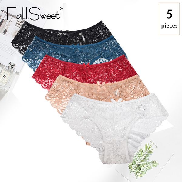 

fallsweet 5 pcs/pack ultra thin lace panties mid rise soft women brief hollow transparent underwear lj200822, Black;pink