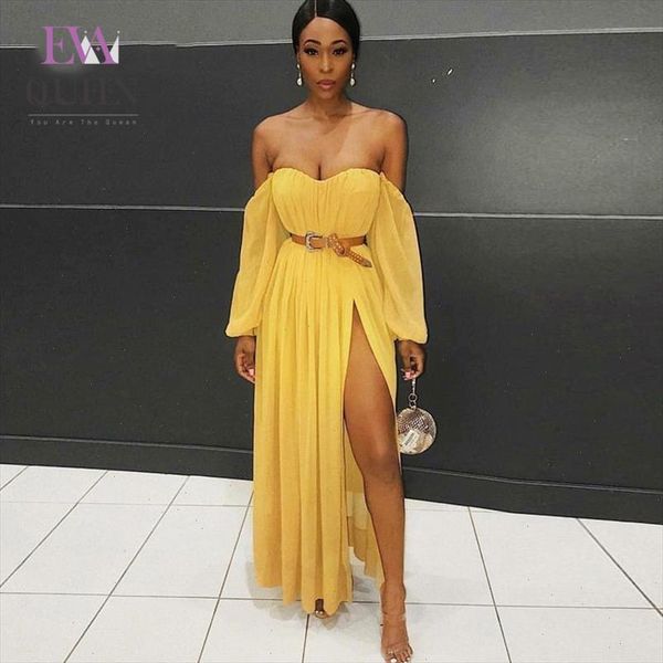 

summer autumn long maxi dresses women off shoulder long sleeve dresses club strapless chiffon party vestidos, Black;gray
