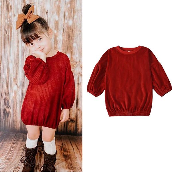 

girl's dresses kids baby girls fashion lantern long sleeve dress stylish solid color round collar straight for 1-6years girl, Red;yellow
