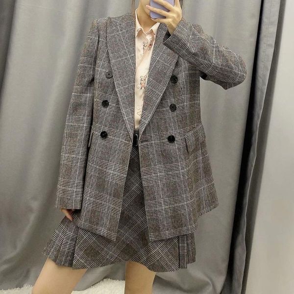 

european and american women's aesthetic skirt new double breasted suit coat plaid skirt 2021 fashion design, White