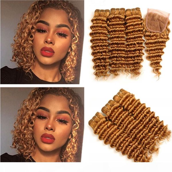 

#27 honey blonde peruvian deep wave human hair 3bundles with closure strawberry blonde human hair weave wefts with 4x4 front lace closure, Black;brown