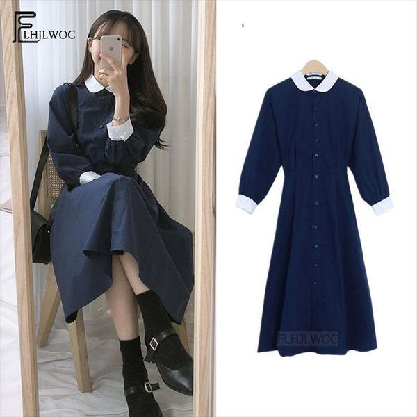 

peter pan collar dresses women japan korean temperament preppy style girls lady blue a line vintage dress long 6110, Black;gray