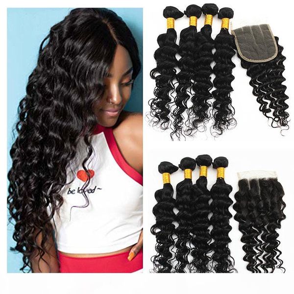 

deep wave hair extensions 3 bundles with 4x4 closure part remy hair pieces peruvian unprocessed human hair weft 50g bundle 8-28inch, Black