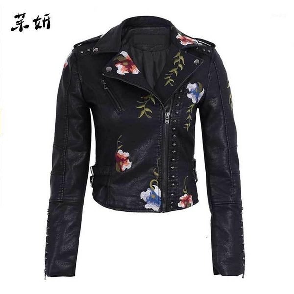 

spring autumn flowers embroidery pu leather jacket women turn-down collar rivet zipper black biker coats clothes1