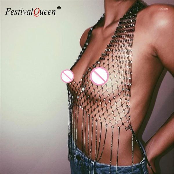 

shiny rhinestones fishnet grid crop deep v neck see through diamond hollow link chain tassels tank party club 1, White