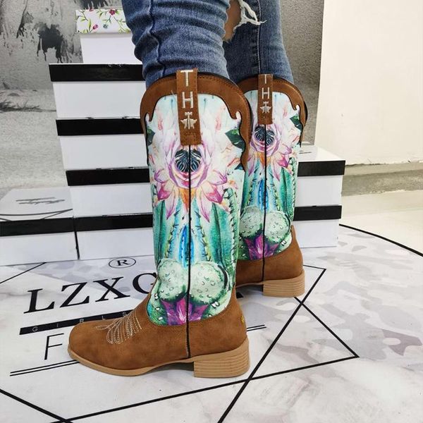 

mid print women calf boots woman western long boots ladies retro leather low heels female slip on pumps women's shoes plus size1, Black