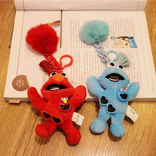 Na moda dos desenhos animados Street Elmo Cookie Cookie Monstro Boneca de Pelúcia Chaveiro Pingente para Mulheres Saco Encantos Carro Chave Decoração Keyrings