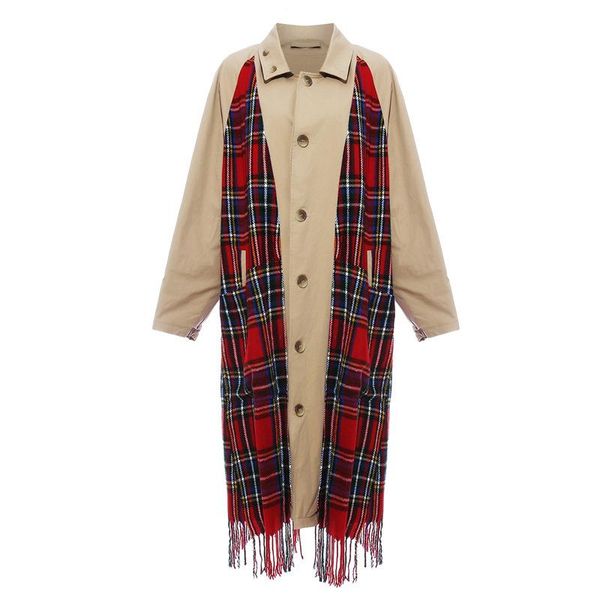 

women plaid tasses both side wear big size trench new lapel long sleeve loose fit windbreaker fashion checked hem tassel splice, Tan;black