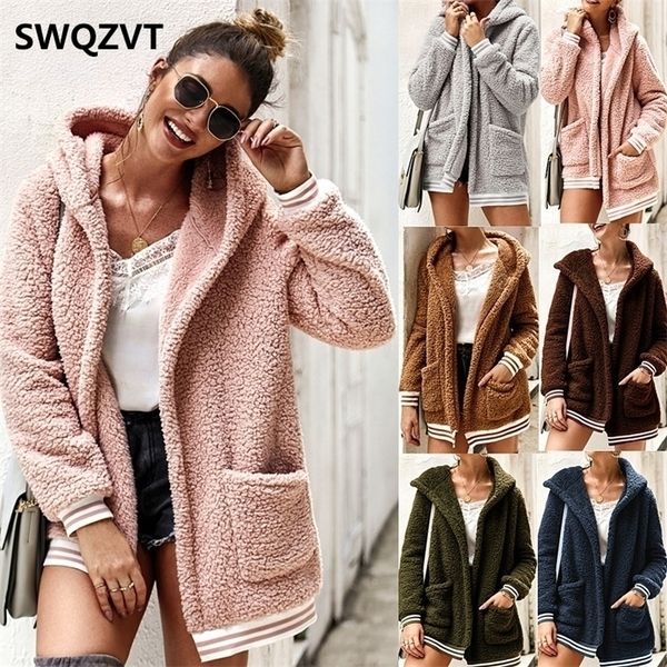 Cardigan jaqueta de lã mulheres outono inverno com capuz casacos básicos casacos casacos quente rosa mulheres casaco de pele outwear roupas dr835 201112