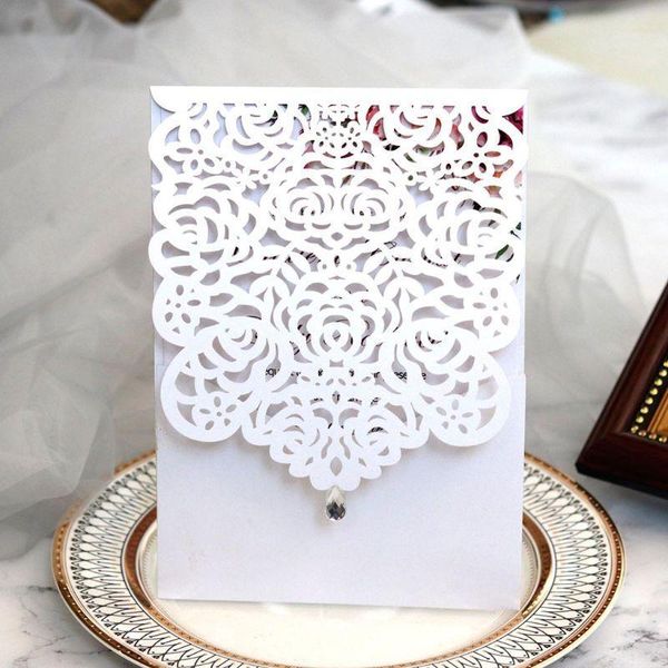 

20pcs laser cut rose invitations card with rhinestone kits wedding party1