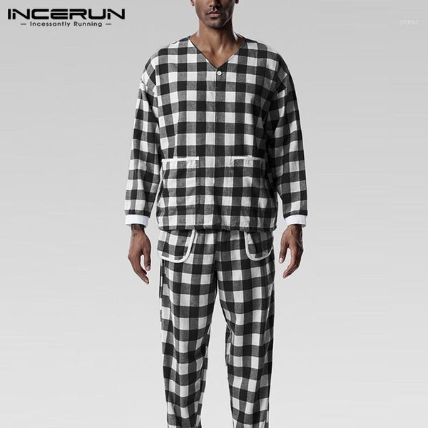 

incerun men plaid pajamas sets homewear leisure long sleeve v neck nightwear long pants cozy mens sleepwear suits 71, Black;brown