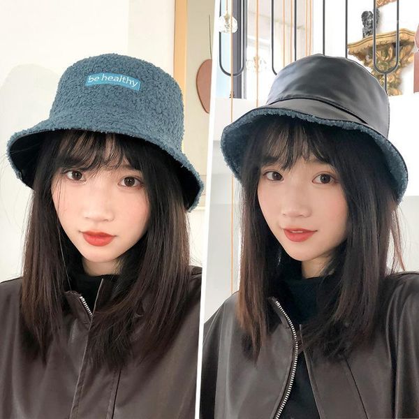 

Designer Bonnet Double-sided Hat Men/women Autumn and Winter Lamb Fur Fisherman Hat Leather Fashion Warm Basin1, Blue;gray