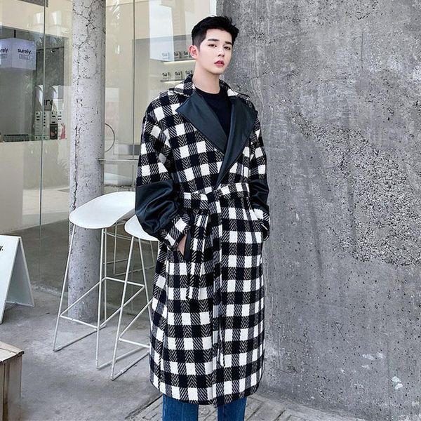 

male vintage fashion streetwear belt wool jacket overcoat men leather splice casual loose woolen plaid trench coat outerwear, Black