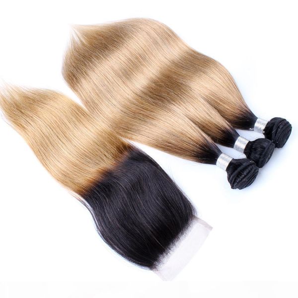 

1b27 ombre blonde hair bundles with closure 3 bundles with 4x4 lace closure brazilian straight hair remy human hair extensions, Black;brown
