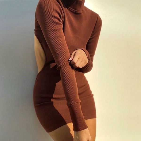 

back hollow slim-fit dress spring autumn turleneck long sleeve bodycon dress women brown party mini dresses vestidos, Black;gray