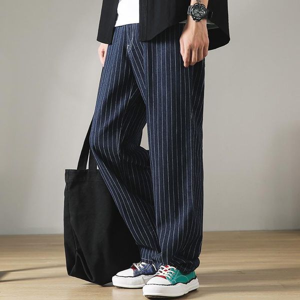 

2020 new jeans men's casual straight tube loose wide leg pants stripe trend versatile slim spring and autumn daddy pants, Blue