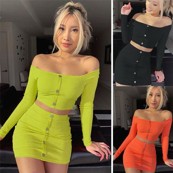 

hirigin women high waist pencil skirt slash neck long sleeve off shoulder t shirt crop two pieces clubwear women dress, Gray