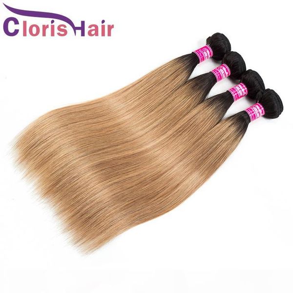 

selected blonde colored malaysian virgin human hair weave bundles mixed 3pcs dark roots 1b 27 silky straight honey blonde ombre extensions, Black