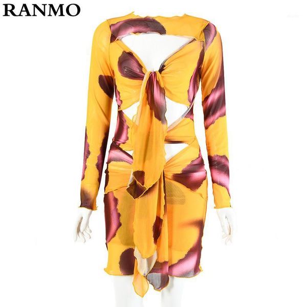 

tie dye print mesh dress for women long sleeve mini dress autumn stretched hollow out bandage ladies party vestidos1, Black;gray