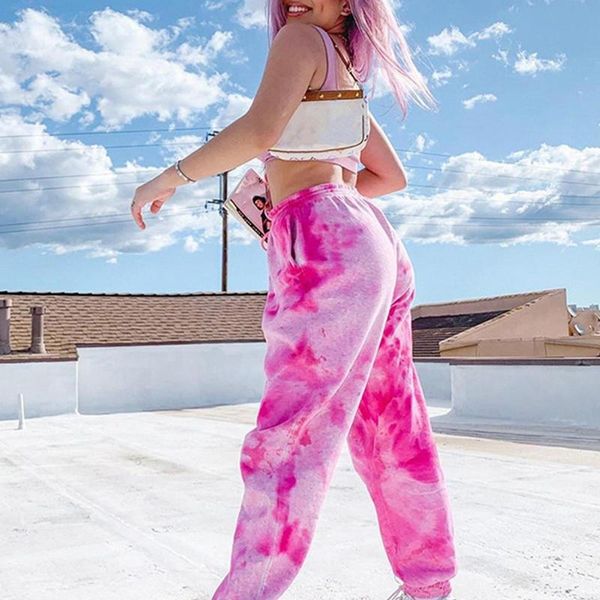 

women elastic high waist rainbow tie-dye slim casual pants street style trousers fashion girls sport trousers, Black;white