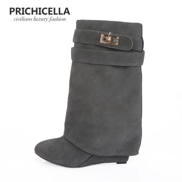 

prichicella black cow leather lock boots pointed toe wedge ankle motorcycle booties -42 lj201030