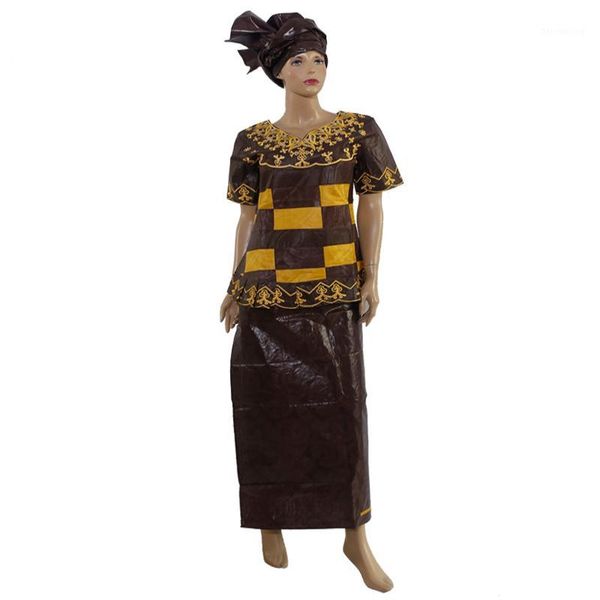 

md embroidery bazin clothes south africa women short sleeve shirt skirt suit traditional wears wedding party lady head wrap1, Red