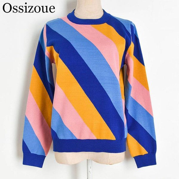 

women 2020 fashion jumper striped colorful knitted casual chic sweater vintage long sleeve loose patchwork female pullovers 1, White;black