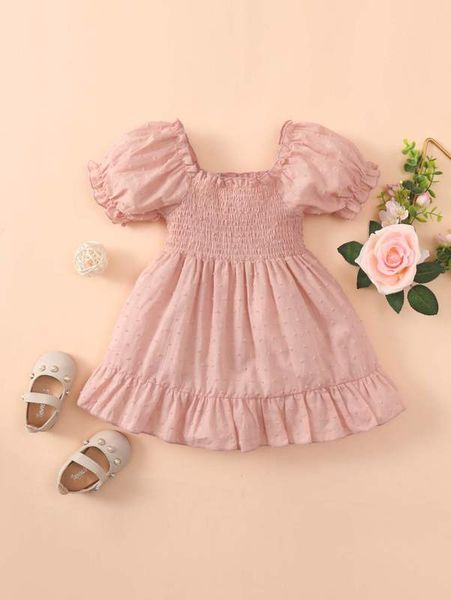 

baby swiss dot shirred puff sleeve ruffle hem dress she, Red;yellow