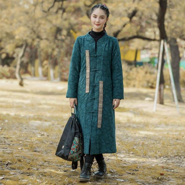 

johnature women chinese style jacquard parkas 2021 winter new button warm stand long sleeve women parkas patchwork coats1, Black